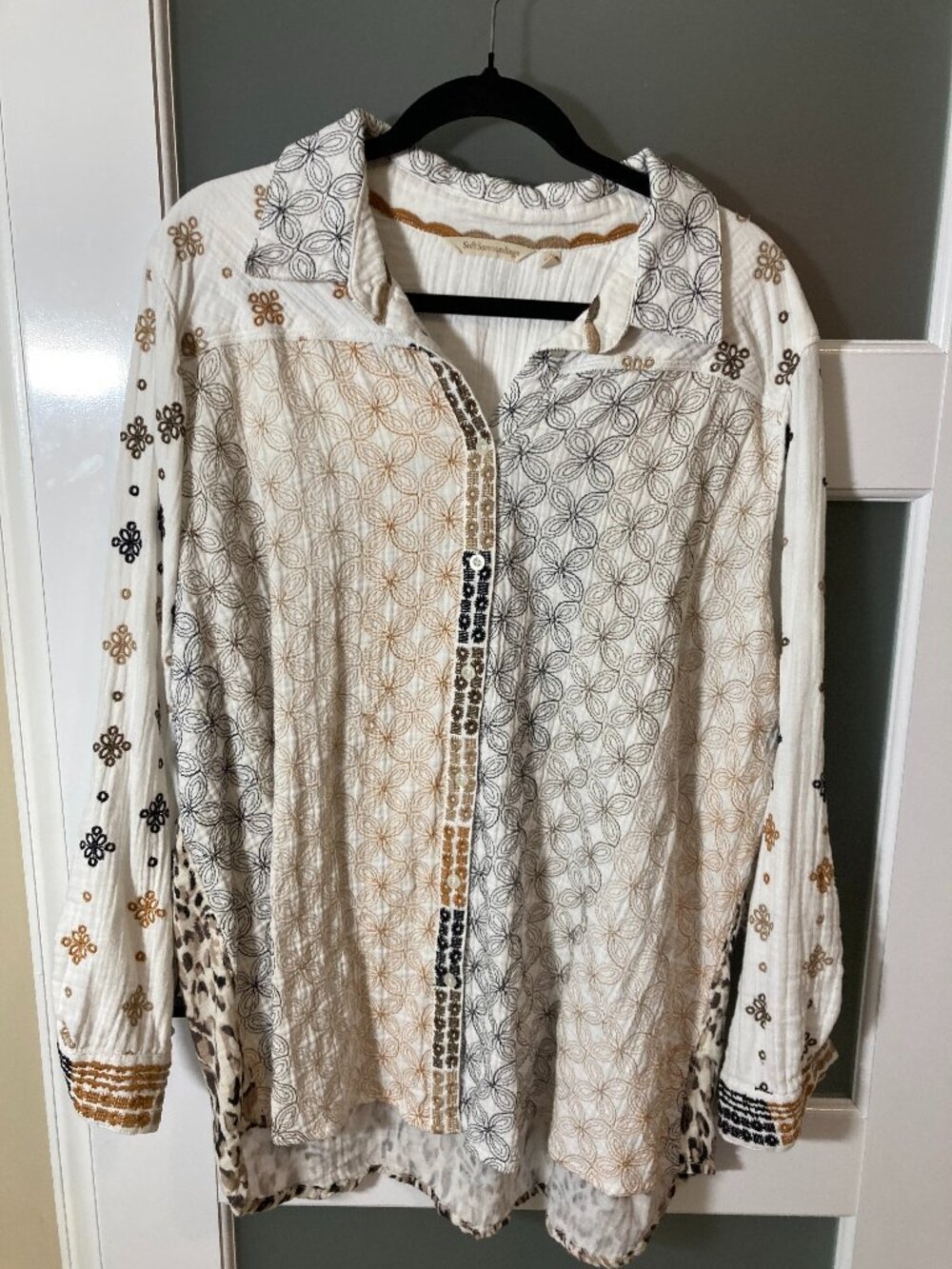 Soft Surroundings Boho Embroidered Cotton Gauze Leopard Patchwork Top - 2X
